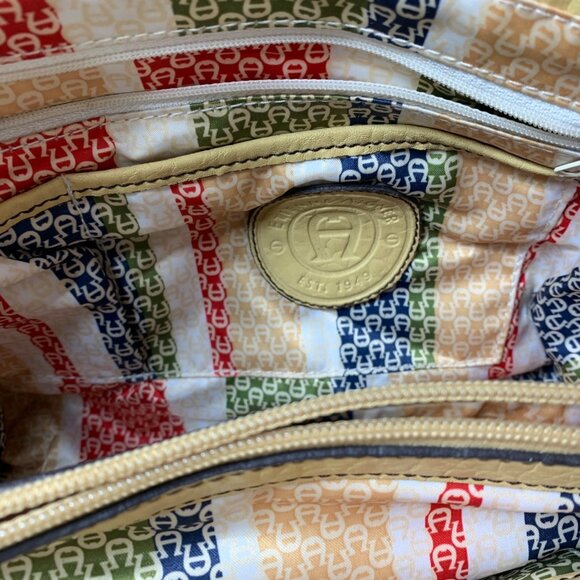 ETIENNE AIGNER Yellow Leather Shoulder Bag Multiple Zipper Pockets Double Handle - Picture 8 of 12